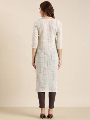 women's calf length round neck cream checked straight kurta 4