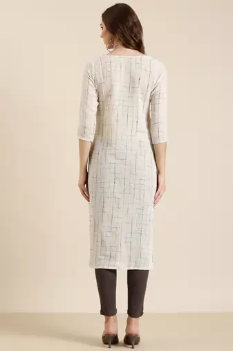 women's calf length round neck cream checked straight kurta