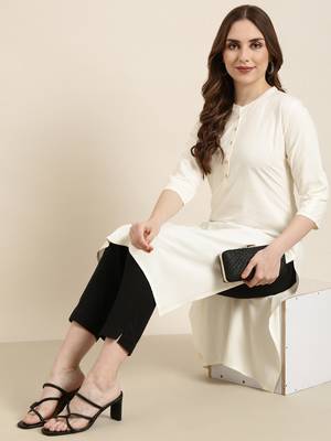 women's calf length mandarin collar cream solid straight kurta 1