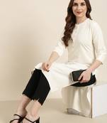 women's calf length mandarin collar cream solid straight kurta