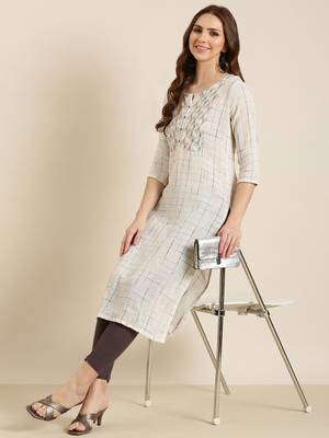 women's calf length round neck cream checked straight kurta 5