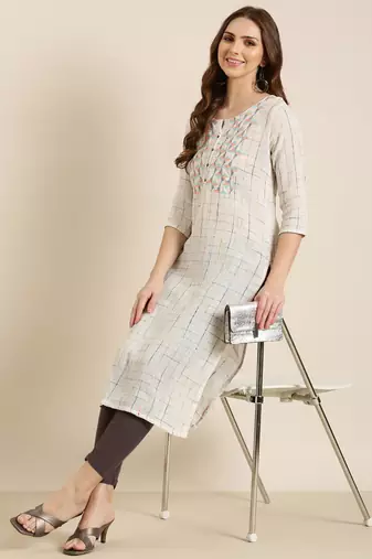 women's calf length round neck cream checked straight kurta