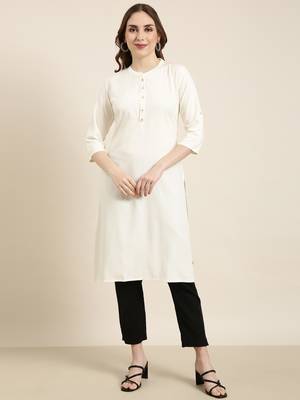 women's calf length mandarin collar cream solid straight kurta 2