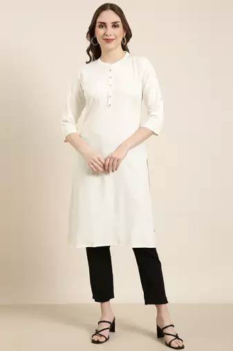 women's calf length mandarin collar cream solid straight kurta