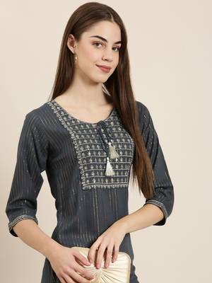 women's calf length tie-up neck teal striped straight kurta 1