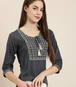 women's calf length tie-up neck teal striped straight kurta