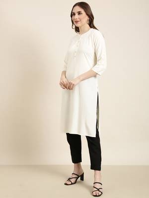 women's calf length mandarin collar cream solid straight kurta 3