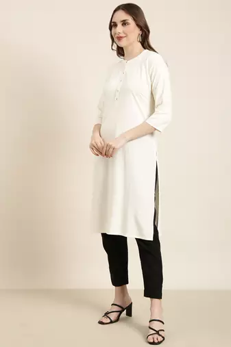 women's calf length mandarin collar cream solid straight kurta