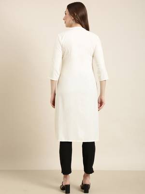 women's calf length mandarin collar cream solid straight kurta 4
