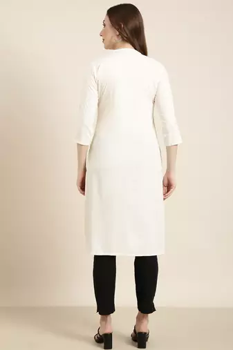 women's calf length mandarin collar cream solid straight kurta