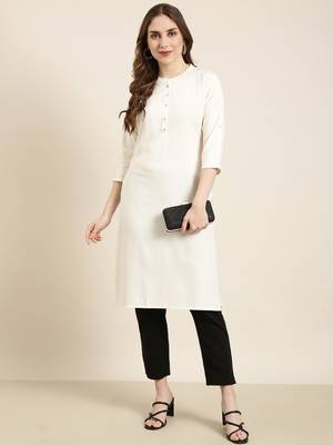 women's calf length mandarin collar cream solid straight kurta 5