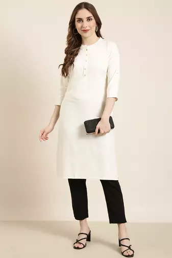 women's calf length mandarin collar cream solid straight kurta