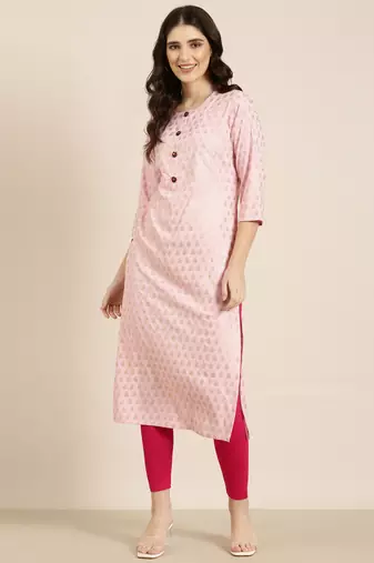 Showoff women's calf length round neck pink floral straight kurta