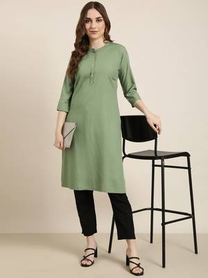 women's calf length mandarin collar green solid straight kurta 1