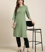 women's calf length mandarin collar green solid straight kurta