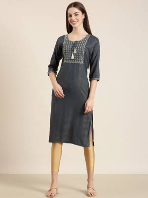 women's calf length tie-up neck teal striped straight kurta 2
