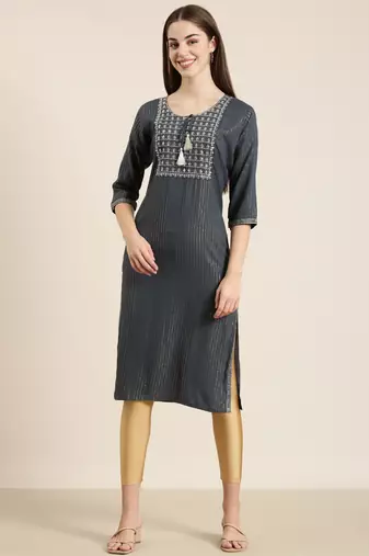 women's calf length tie-up neck teal striped straight kurta