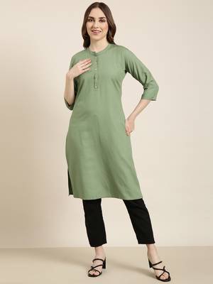 women's calf length mandarin collar green solid straight kurta 2
