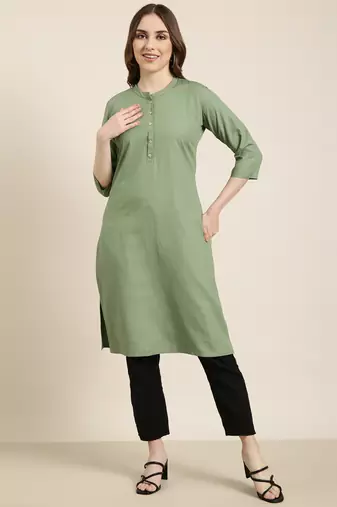 women's calf length mandarin collar green solid straight kurta