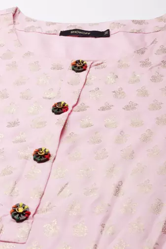 Showoff women's calf length round neck pink floral straight kurta