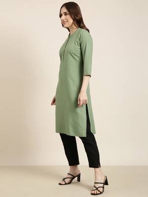 women's calf length mandarin collar green solid straight kurta 3