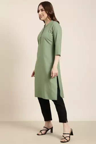 women's calf length mandarin collar green solid straight kurta