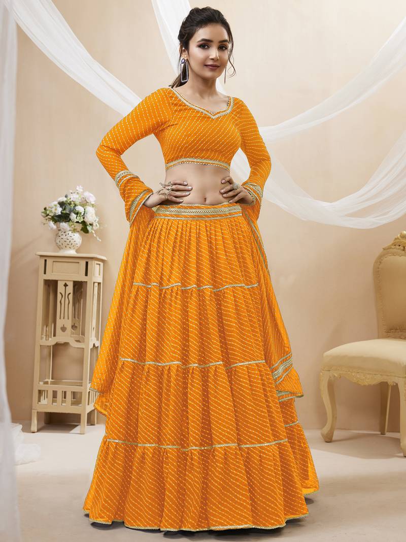 Enchanting Yellow Laheriya Print Georgette Designer Lehenga Choli
