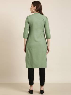 women's calf length mandarin collar green solid straight kurta 4