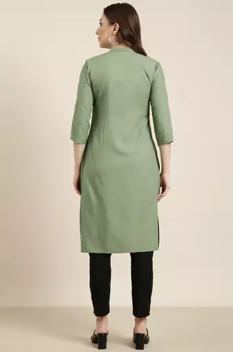 women's calf length mandarin collar green solid straight kurta