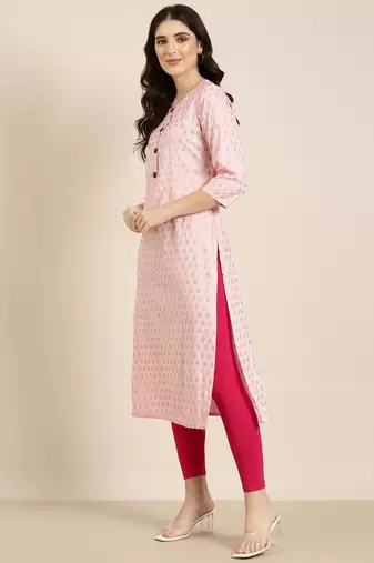 Showoff women's calf length round neck pink floral straight kurta