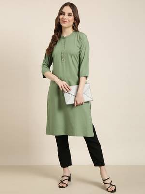 women's calf length mandarin collar green solid straight kurta 5