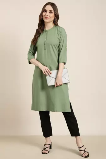 women's calf length mandarin collar green solid straight kurta