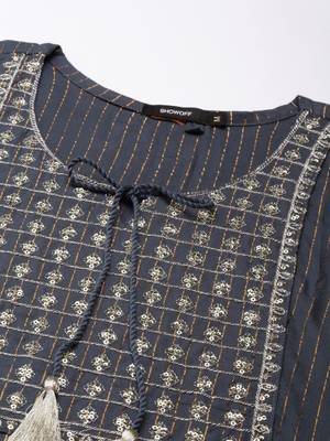 women's calf length tie-up neck teal striped straight kurta 3