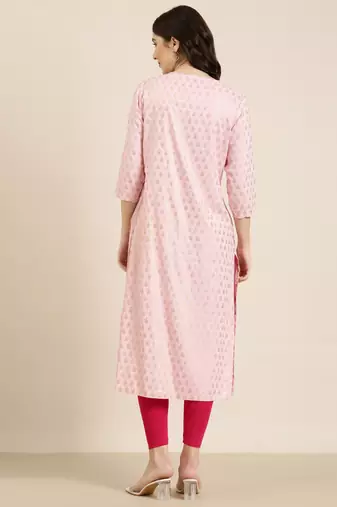 Showoff women's calf length round neck pink floral straight kurta