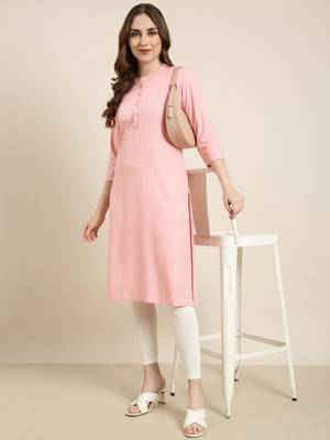 women's calf length mandarin collar pink solid straight kurta 1