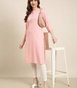 women's calf length mandarin collar pink solid straight kurta