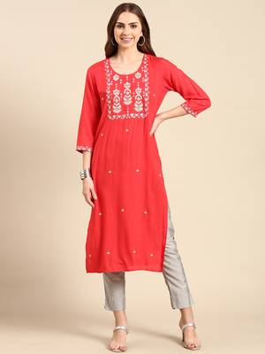 women's calf length scoop neck coral solid straight kurta 1