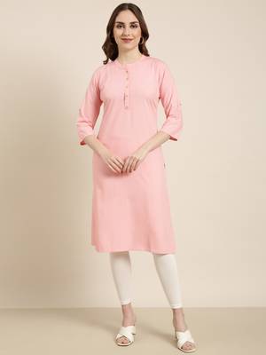 women's calf length mandarin collar pink solid straight kurta 2