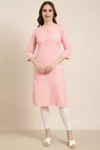 women's calf length mandarin collar pink solid straight kurta
