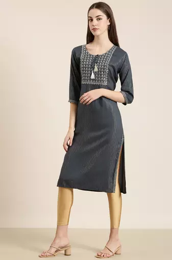women's calf length tie-up neck teal striped straight kurta