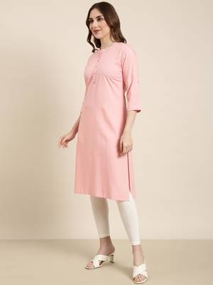 women's calf length mandarin collar pink solid straight kurta 3