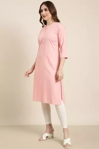 women's calf length mandarin collar pink solid straight kurta