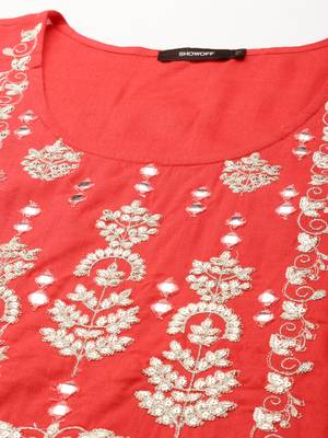 women's calf length scoop neck coral solid straight kurta 3