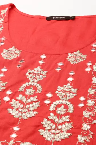 women's calf length scoop neck coral solid straight kurta