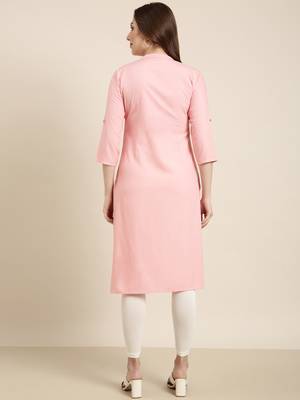 women's calf length mandarin collar pink solid straight kurta 4