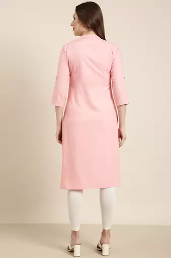 women's calf length mandarin collar pink solid straight kurta
