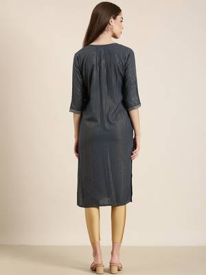women's calf length tie-up neck teal striped straight kurta 5