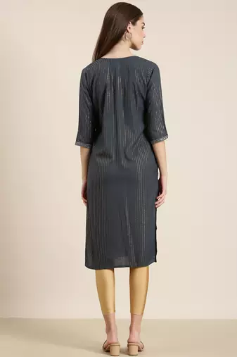 women's calf length tie-up neck teal striped straight kurta