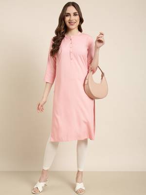 women's calf length mandarin collar pink solid straight kurta 5