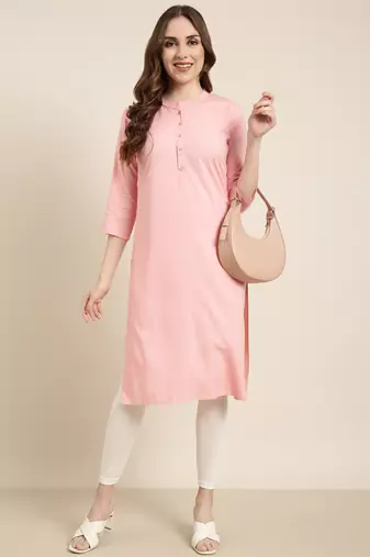 women's calf length mandarin collar pink solid straight kurta
